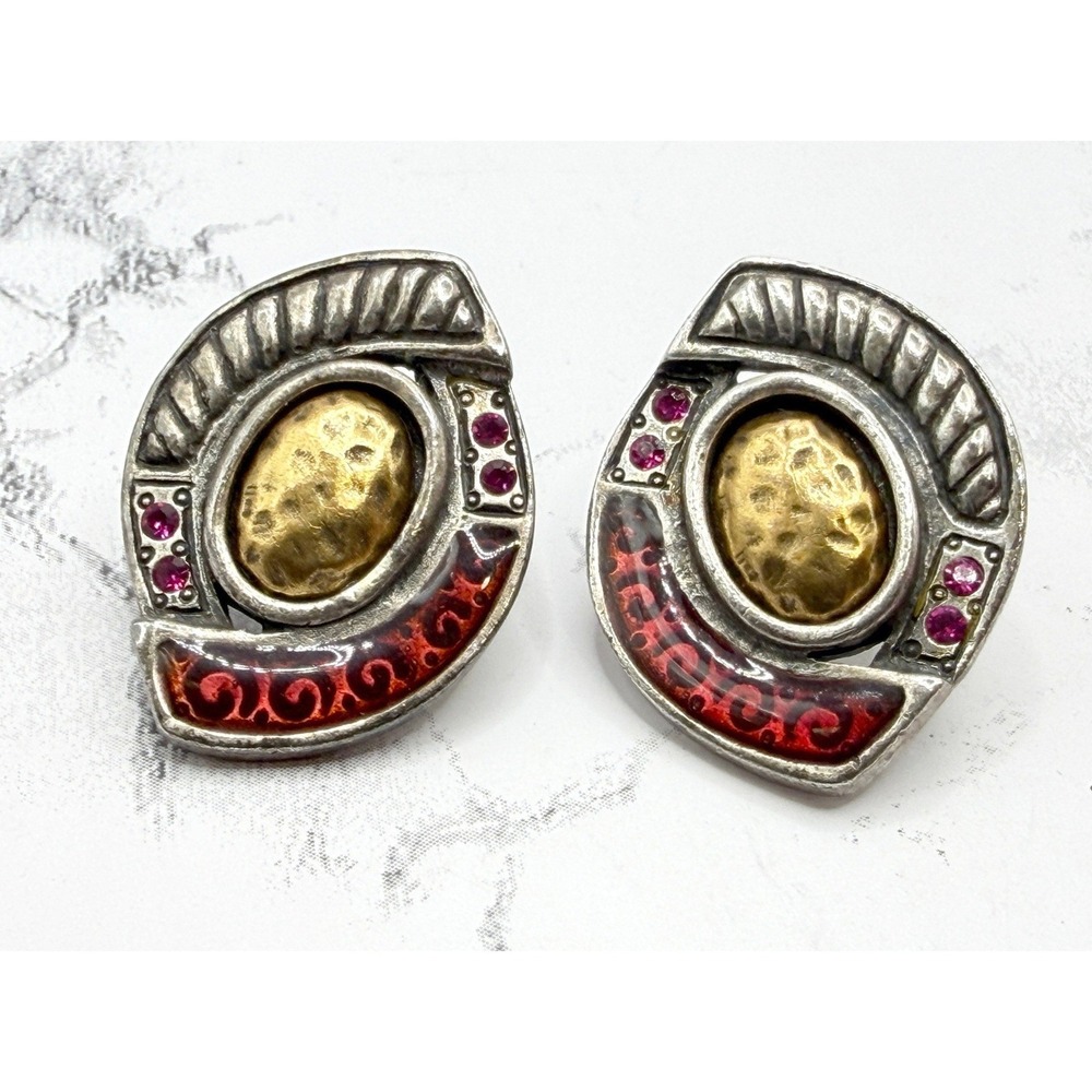 Chicos Silver Tone Red Resin Statement Earrings Oval Gold Accent